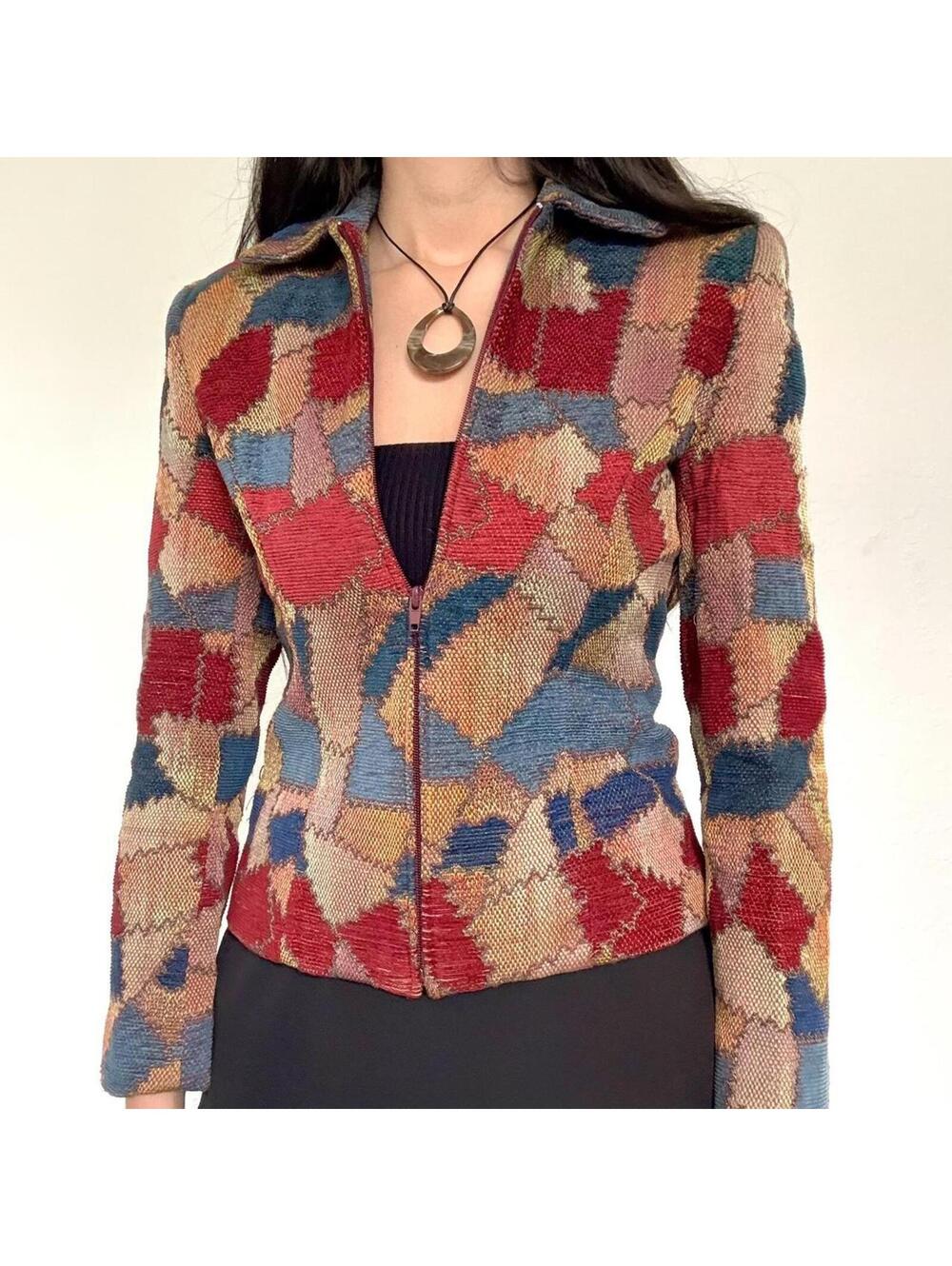 90s Multicoloured Retro Patchwork Zip Up Jacket